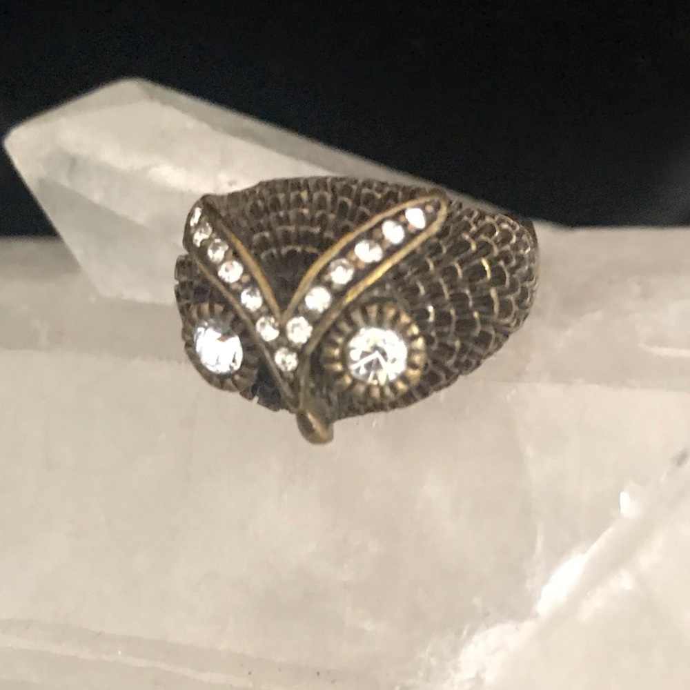 Vintage Metallic Owl Ring Crystals Pagan